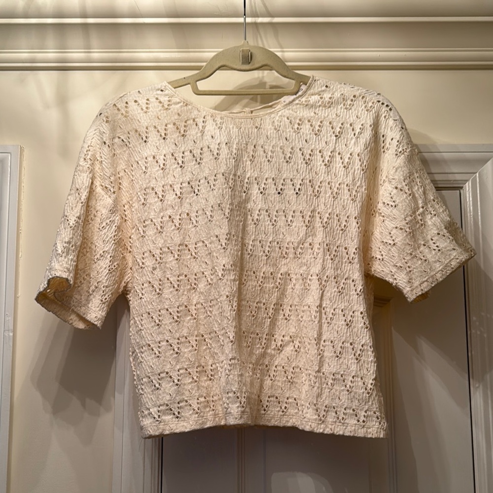 Mango Cream Crochet Boxy Short Sleeve Top